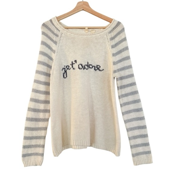 ANTHROPOLOGIE Moth Je T’Adore Pullover Cream & Metallic Silver Striped Sweater L - Picture 2 of 8